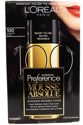 L'Oreal Paris Superior Preference MOUSSE ABSOLUE Automatic Reusable Color, 100 Pure Deep Black  3.2oz