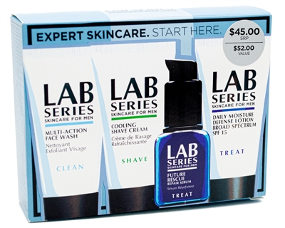 LAB SERIES Skincare for Men Set: Clean Multi-Action Face Waxh 1 fl oz, Shave Cooling Shave Crfeam  1 fl oz, Repair Furure Rescue Repair Serum  .5 fl oz, Moisturize Defense Lotion SPF 15  1 fl oz