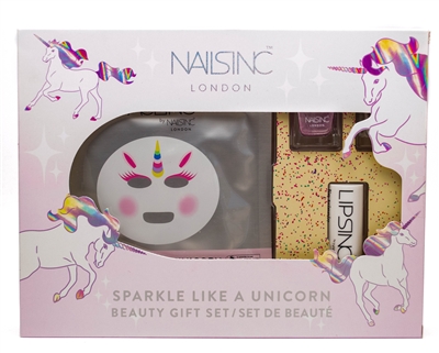 Nails Inc. SPARKLE LIKE A UNICORN Gift Set: Illuminating Mask .68 fl oz, Lip Trippin' Lipstick .18oz, Unicorn Dot Com and Unicorn Vibes Nail Polish .17 fl oz each
