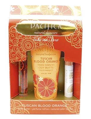 Pacifica Take Me There Tuscan Blood Orange Set: Body Butter 2.5 Fl Oz., Perfumer Roll-On .33 Fl Oz., Natural Color Quench Lip Tint .15 Oz.