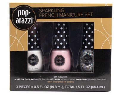 Pop-arazzi Sparkling French Manicure Set;  Icing on the Cake (White), So Cheeky (Pink), Star Shine (Sparkle Topcoat) and 130 Tip Guides,  3x .5 fl oz
