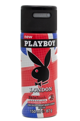 Playboy LONDON 24H Deodorant Body Spray for Him, Skin Touch Innovation 0% Aluminum Salts  150 ml