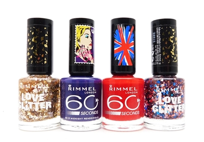 Rimmel Nail Polish set of 4: Love Glitter 031 Mistletoe Mischief, 60 Seconds 613 Midnight Rendezvous, 60 Seconds 620 Red Steady Go, Love Glitter 032 All Glittered Up (each .27 Fl Oz.)