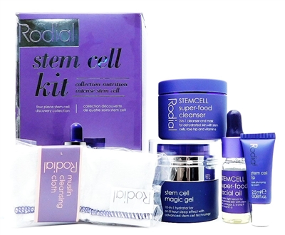 Rodial Stem Cell Kit: Cleanser 1.7 Fl Oz., Boster Oil .3 Fl Oz., Magic Gel .3 Fl Oz., Lip .08 Fl Oz., Muslin Cleansing Cloth