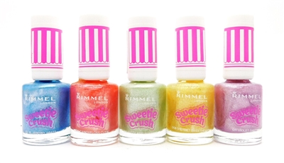 Rimmel Sweetie Crush Nail Polish set of 5: 012 Blueberry Whizz, 009 Candyfloss Cutie, 010 Fizzy Applelicious, 008 Sherbet Sweetheart, 011 Violet Swizzle (each .27 Fl Oz.)