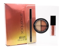 Smashbox ABLAZE Eye & Lip Set;  Photo Edit Eye Shadow Trio (It's Lit, Blaze Away, Mango Salsa)  11oz,  Always On Gel Liner - Fishnet  .04oz, Always On Metallic Matte - Rust Fund  .13 fl oz   .14oz