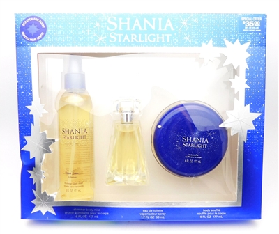 Shania Straight by Shania Twain Set: Shimmer Body Mist 6 Fl Oz., Eau De Toilette 1.7 Fl oz., Body Souffle 6 Fl Oz.