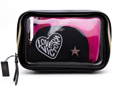 Victoria's Secret 3 Piece Cosmetics Bags, Black & Pink with Zippers