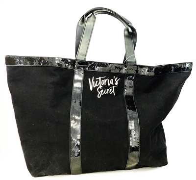 Victoria's Secret Black Canvas and Sequin Large Tote Bag with Zipper