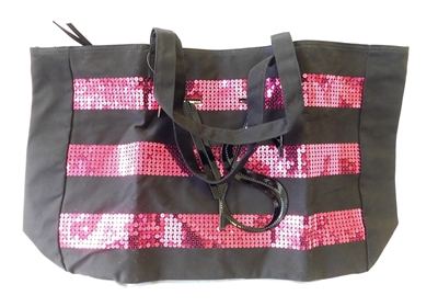 Victoria's Secret Black Canvas Tote Bag with Pink Sequin Stripes and Zipper