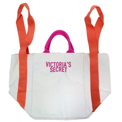 2018 Victoria's Secret Bombshell Large Summer Beach Tote Bag, Canvas with Nylon Interior and Zippered Interior Pouch, Orange Shoulder Straps and Pink Handles