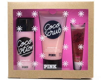 Victoria's Secret COCONUT Lotion + Scrub + Gloss Set:, Body Lotion  2.5 fl oz, Body Scrub 2.5 fl oz, High Gloss Lip Oil  .5 fl oz