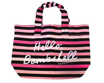Victoria's Secret Hello, Bombshell Tote Beach Bag, Black Pink Stripe