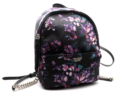 Victoria's Secret MIDNIGHT BLOOM Mini Backpack; Internal Pocket and External Zippered Pocket, Fob with Lip Prints on front and "Victoria's Secret" on reverse side Thin Adjustable Straps with Gold Chain, 9.7" x 3.8" x 7.3" â€‹