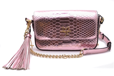Victoria's Secret Luxe Downtown Crossbody Purse, Pink Python Texture with Oversized Tassel Zipper Pull with Leather and Chain Strap