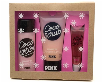 Victoria's Secret PINK Coco Obsessions Set: Coco Lotion Hydrating Body Lotion 3 fl oz, Coco Scrub Smoothing Body Scrub 2.5 fl oz, High Gloss Lip Oil  .5 fl oz