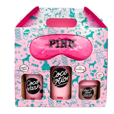 Victoria's Secret PINK Coco Set, The Jomo is Real: Coco Wash Moisturizing Cream Body Wash  12 fl oz, Coco Lotion Hydrating Body Lotion 14 fl oz, Glow To Sleep Conditioning Sleep Mask  6.7oz, Eye Mask