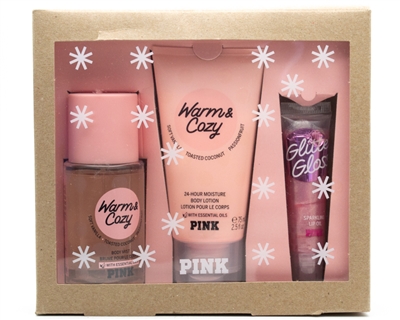 Victoria's Secret WARM & COZY Mist + Lotion Set: Soft Vanilla - Toasted Coconut - Passionfruit, Body Mist  2.5 fl oz, Scented Lotion 2.5 fl oz, High Gloss Lip Oil  .5 fl oz