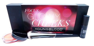 Youngblood Focus: Glowy Cheeks Set: Luminous Creme Blush in Taffeta .21 Oz., Mineral Radiance Moisture Tint Golden Sun-Travel Size .20 Fl Oz., Luxurious Blush Brush