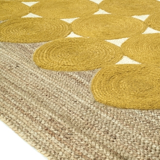 Elitis Kool Banane accent rug.   Yellow and tan circular hand braided jute area rug.  Click for details and checkout >>