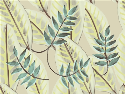 Elitis Flower Power TP 302 04.  Soft yellow & blue oversized retro botanical leaf wallpaper.  Click for details and checkout >>