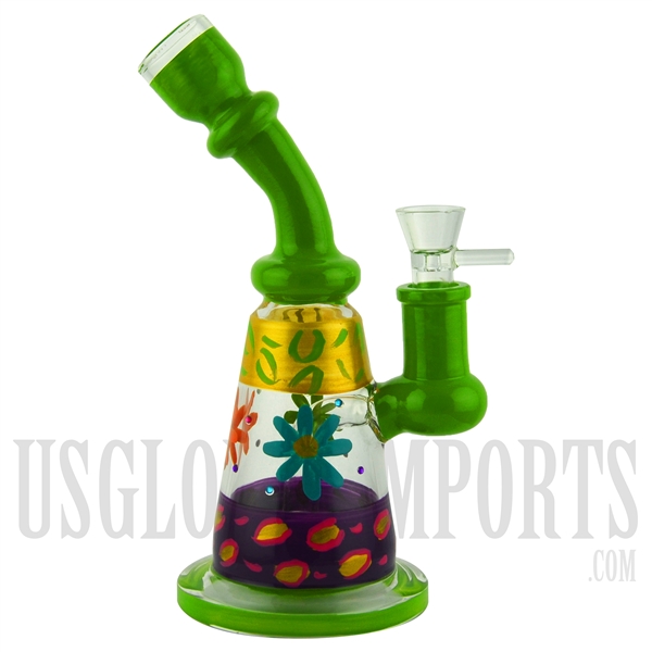 WP-3007 9" Water Pipe + Stemless + Floral Design + Bent Neck + Color