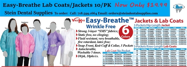 Easy-Breathe Lab coat Jacket 10/Pk Valumax 3 Layer Lightweight