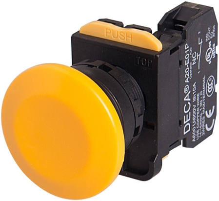 Deca A20B-A4E01Y 22 mm Push Button, Mushroom Head, Yellow