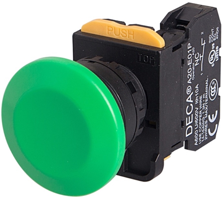 Deca A20B-M4E01G 22 mm Push Button, Mushroom Head, Green