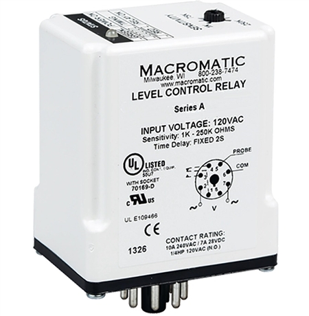 Macromatic 240V Dual Probe Liquid Level Relay, Pump Down, 1K to 250K