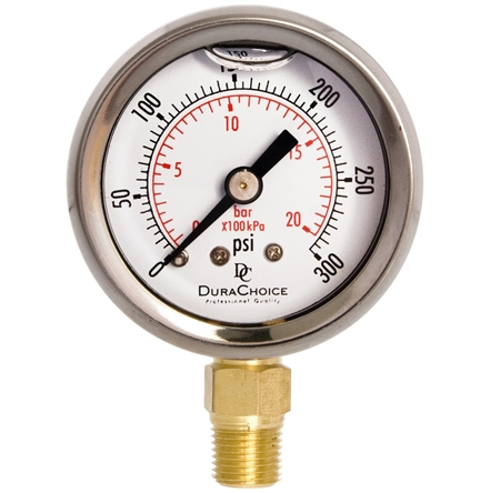 DuraChoice PB158L-300 Oil Filled Pressure Gauge, 1-1/2" Dial