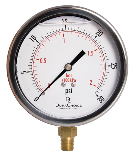 DuraChoice PB404L-030 Oil Filled Pressure Gauge, 4" Dial