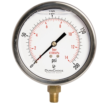 DuraChoice PB404L-200 Oil Filled Pressure Gauge, 4" Dial