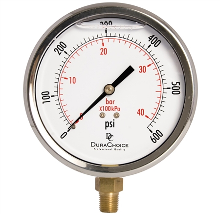 DuraChoice PB404L-600 Oil Filled Pressure Gauge, 4" Dial