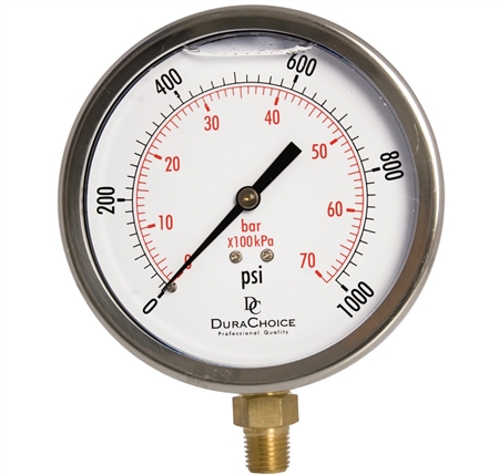 DuraChoice PB404L-K01 Oil Filled Pressure Gauge, 4" Dial