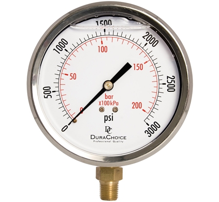 DuraChoice PB404L-K03 Oil Filled Pressure Gauge, 4" Dial