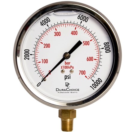 DuraChoice PB404L-K10 Oil Filled Pressure Gauge, 4" Dial