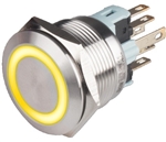 Kacon T22-271YA2 22 mm Yellow Momentary Push Button, SPDT, 110/220V AC LED