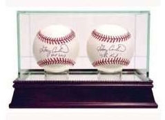 CHERRY WOOD GLASS DUAL BASEBALL DISPLAY CASE