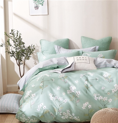 Bianca Green /White 100% Cotton Reversible Duvet Cover Set Queen/Full