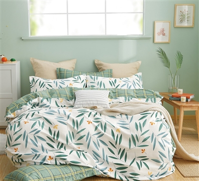 Juliette Green /White 100% Cotton Reversible Duvet Cover Set Queen/Full