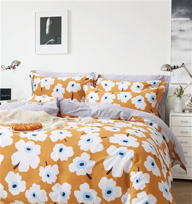 Emerson Orange Floral 100% Cotton Reversible Duvet Cover Set Queen/Full