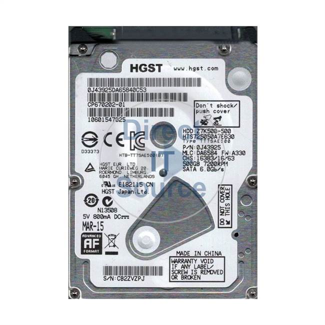 0J43925 Hitachi - 500GB 7.2K SATA 2.5" 32MB Cache Hard Drive