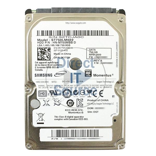 Dell 0K1T0N - 750GB 5.4K SATA 2.5" Hard Drive