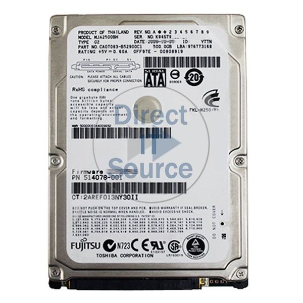 HP 514078-001 - 500GB 5.4K SATA 3.0Gbps 2.5" Hard Drive