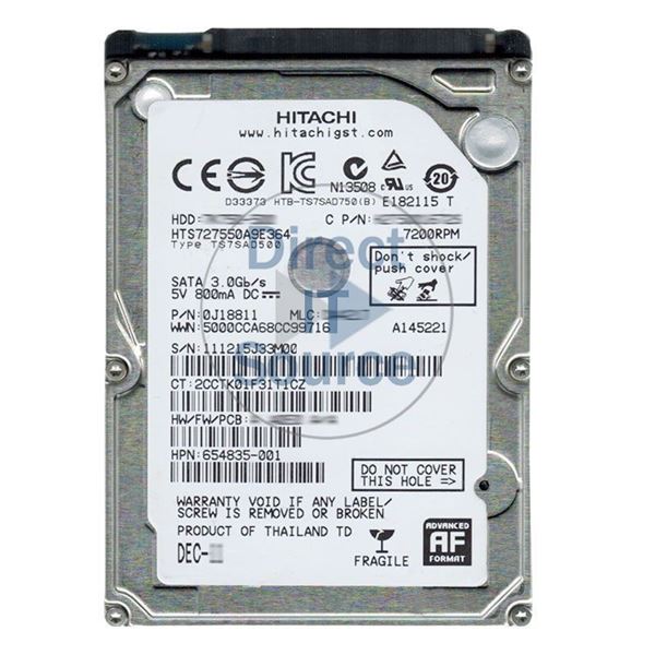 HP 654835-001 - 500GB 7.2K SATA 2.5" Hard Drive