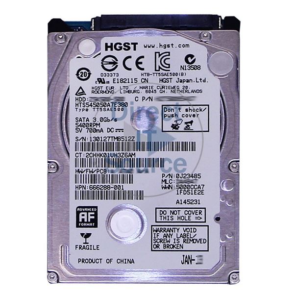 HP 666288-001 - 500GB 5.4K SATA 3.0Gbps 2.5" Hard Drive