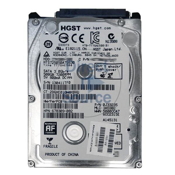 HP 678309-002 - 500GB 7.2K SATA 2.5" Hard Drive