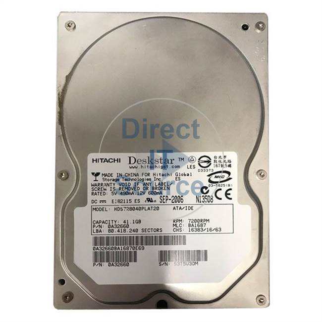 Hitachi HDS728040PLAT20 - Deskstar 40GB 7200RPM ATA-100 EIDE Internal 3.5Inch Buffer 2MB Hard Drive