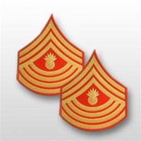 USMC Evening Dress Shoulder Insignia: E-9 Master Gunnery Sergeant (MGySgt) - Gold on Red Embroidered - Male